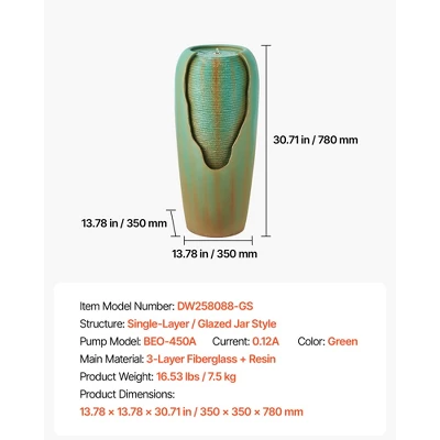 VEVOR Outdoor Water Fountain, 30.71 In Height Fountain And Waterfall, 1-Tier Floor Standing Glazed Jar Style Fountains With Light And Pump, Green 7 VEVOR Outdoor Water Fountain, 30.71 In Height Fountain And Waterfall, 1-Tier Floor Standing Glazed Jar Style Fountains With Light And Pump, Green - Image 7