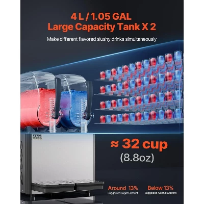 VEVOR Commercial Slushy Machine, 4Lx2 Double Tank Frozen Drink Machine, 32 Cups Stainless Steel Margarita Smoothie Frozen Drink Maker, Black 2 VEVOR Commercial Slushy Machine, 4Lx2 Double Tank Frozen Drink Machine, 32 Cups Stainless Steel Margarita Smoothie Frozen Drink Maker, Black - Image 2