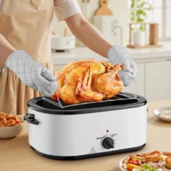 VEVOR Roaster Oven, 26QT Electric Roasting Pan, 150-450℉ Adjustable Temperature Fast-Cooking Turkey Roaster, Fits 30lb Turkey, White