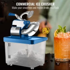 VEVO 110V Commercial Electric Ice Shaver 440lbs/h, Snow Cone Machine With Dual Blades, Stainless Steel Shaved Ice Machine For School, Church, Blue