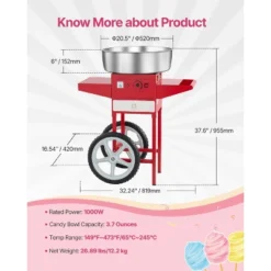 VEVOR Electric Cotton Candy Machine With Cart, 1000W Commercial Candy Floss Maker With 20.5 In Stainless Steel Bowl, Sugar Scoop, And Drawer, Red -Vevor GUEST 6c105ef4 cb6a 491c b598 4094d38009e4
