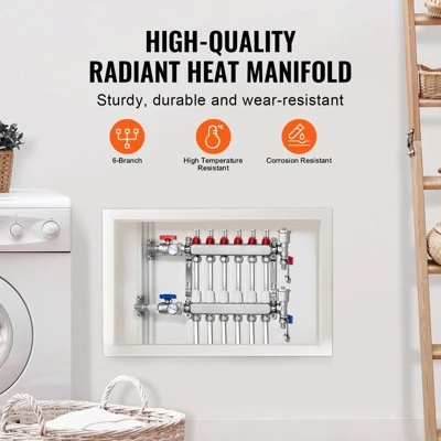 VEVOR 6-Branch Radiant Heat Manifold, 1/2" PEX Tubing Manifold, Stainless Steel PEX Manifold For Hydronic Radiant Floor Heating, Silver 2 VEVOR 6-Branch Radiant Heat Manifold, 1/2" PEX Tubing Manifold, Stainless Steel PEX Manifold For Hydronic Radiant Floor Heating, Silver - Image 2