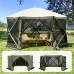 VEVOR Pop Up Gazebo Tent, Pop-Up Screen Tent 6 Sided Canopy Sun Shelter With 6 Removable Privacy Wind Cloths & Mesh Windows, Army Green