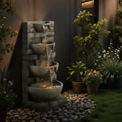 VEVOR Outdoor Water Fountain, 35.63 In Height Fountain And Waterfall, 4-Tier Floor Standing Cascading Fountains With Light And Pump, Gray