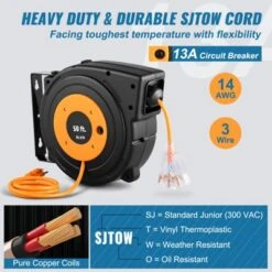 VEVOR Retractable Extension Reel, 50 FT 14AWG/3C SJTOW Power Cord With Lighted Triple Tap Outlet, 13 Amp Circuit Breaker, 180° Swivel Bracket -Vevor GUEST 793984b2 5214 44df 8362 f8221d36d01d