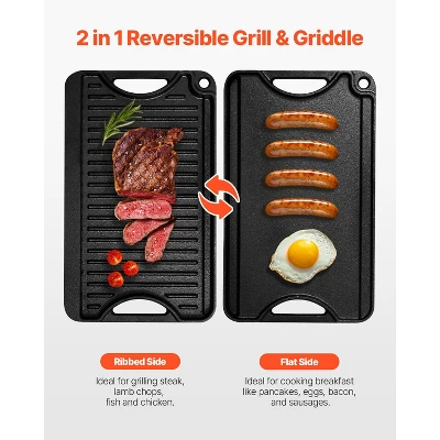 VEVOR Reversible Grill/Griddle, 14x8.5 Inch Pre-Seasoned Cast Iron Griddle, Portable Rectangular Pan With Handle, Family Cookware, Black 2 VEVOR Reversible Grill/Griddle, 14x8.5 Inch Pre-Seasoned Cast Iron Griddle, Portable Rectangular Pan With Handle, Family Cookware, Black - Image 2