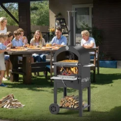 VEVOR Outdoor Pizza Oven, 12" Pellet Fire Ovens, 2-Layer Pizza Oven Wood Fired, Wood Burning Outdoor Pizza-Oven With 2 Removable Wheels, Black