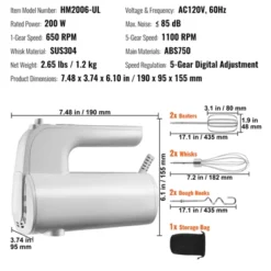 VEVOR Digital Electric Hand Mixer, 5-Speed, 200W Portable Electric Handheld Mixer, With Turbo Boost Beaters Dough Hooks Whisk Storage Bag,White -Vevor GUEST 7b0acb93 be81 48f8 8e1a f00d27f0c9d7