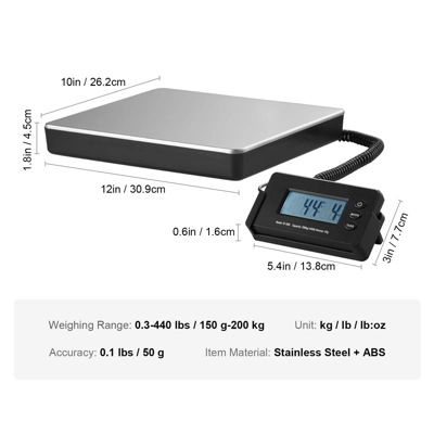 VEVOR Digital Shipping Scale, 440 Lbs X 1.7 Oz. Heavy Duty Postal Scale With Timer, Tare Function, HD LCD Screen Portable Package Scale, Silver 7 VEVOR Digital Shipping Scale, 440 Lbs X 1.7 Oz. Heavy Duty Postal Scale With Timer, Tare Function, HD LCD Screen Portable Package Scale, Silver - Image 7