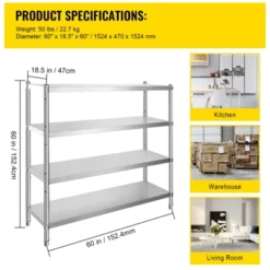 VEVOR Stainless Steel Shelving 60x18.5 Inch 4 Tier Adjustable Shelf Storage Unit Stainless Steel Heavy Duty Shelving, Silver -Vevor GUEST 7c61387b 6159 4eeb a18b 7e0f686df6c2