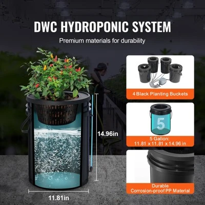VEVOR DWC Hydroponics Grow System, Hydroponic Growing System With Top Drip Kit, Deep Water Culture 5-Gallon 4 Buckets, With Air Pump, Black 7 VEVOR DWC Hydroponics Grow System, Hydroponic Growing System With Top Drip Kit, Deep Water Culture 5-Gallon 4 Buckets, With Air Pump, Black - Image 7