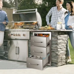 VEVOR Outdoor Kitchen Drawers 16" W X 28.5" H X 20.5" D, Flush Mount Triple Access BBQ Drawers Stainless Steel With Handle, Silver