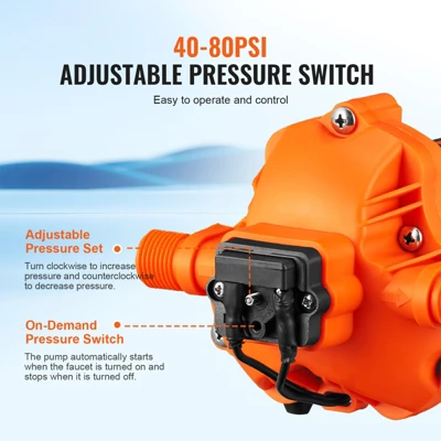 VEVOR RV Water Pressure Diaphragm Pump 3Chambers 110V 3.3GPM 45PSI Adjustable Presssure Fresh Water Pump, Self Priming Sprayer Pump, Orange 3 VEVOR RV Water Pressure Diaphragm Pump 3Chambers 110V 3.3GPM 45PSI Adjustable Presssure Fresh Water Pump, Self Priming Sprayer Pump, Orange - Image 3
