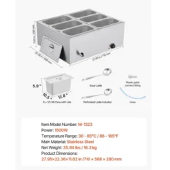VEVOR Commercial Food Warmer, 1500W Electric Stainless Steel Steam Food Warmer With Lid, 6-Pan Fast Heating Countertop Buffet Bain Marie, Silver -Vevor GUEST 842c4564 244c 427e 9dff 0108f3a6fc68