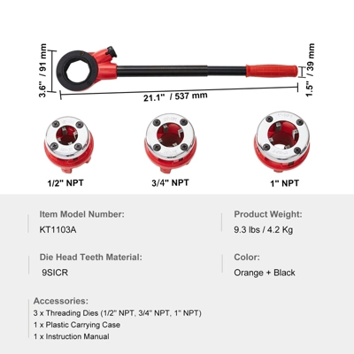 VEVOR Ratchet Pipe Threader Kit, 1/2" NPT, 3/4" NPT, 1" NPT Manual Ratcheting Pipe Threader, Portable Pipe Threading Tool Set, Red 7 VEVOR Ratchet Pipe Threader Kit, 1/2" NPT, 3/4" NPT, 1" NPT Manual Ratcheting Pipe Threader, Portable Pipe Threading Tool Set, Red - Image 7