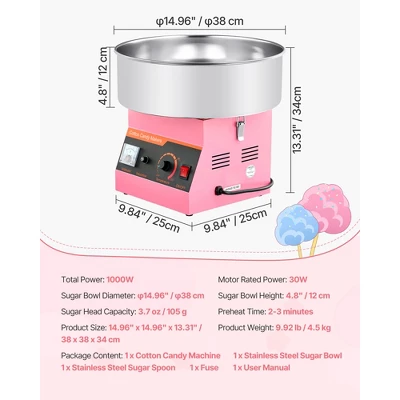 VEVOR Cotton Candy Machine Commercial, 1000W Electric Candy Floss Maker, Easy Use With 15 Inch Stainless Steel Bowl And Sugar Scoop, Pink 7 VEVOR Cotton Candy Machine Commercial, 1000W Electric Candy Floss Maker, Easy Use With 15 Inch Stainless Steel Bowl And Sugar Scoop, Pink - Image 7
