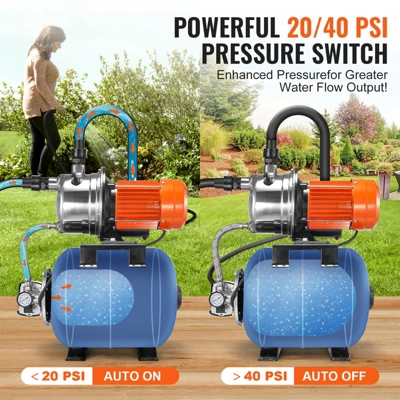 VEVOR 1 HP Shallow Well Pump With Pressure Tank, 1000 GPH, Automatic Irrigation Water Booster Pump With 130 Ft Head Lift 20/40 PSI Pressure, Black 2 VEVOR 1 HP Shallow Well Pump With Pressure Tank, 1000 GPH, Automatic Irrigation Water Booster Pump With 130 Ft Head Lift 20/40 PSI Pressure, Black - Image 2
