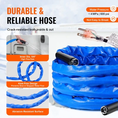 VEVOR 25ft Heated Water Hose For RV, Heated Drinking Water Hose With Corrugated Cover Antifreeze To -45°F, Automatic Self-regulating, 5/8" I.D. Blue 6 VEVOR 25ft Heated Water Hose For RV, Heated Drinking Water Hose With Corrugated Cover Antifreeze To -45°F, Automatic Self-regulating, 5/8" I.D. Blue - Image 6