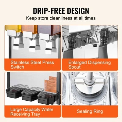 VEVOR Commercial Beverage Dispenser, 3 Tanks 10 L / 10.6 QT Per Tank, 440W Stainless Steel Drink Machine With 45°F-54°F Cooling Temperature 5 VEVOR Commercial Beverage Dispenser, 3 Tanks 10 L / 10.6 QT Per Tank, 440W Stainless Steel Drink Machine With 45°F-54°F Cooling Temperature - Image 5