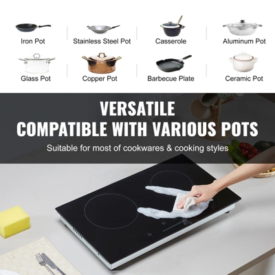 VEVOR Electric Cooktop, 24 Inch 2 Burners Built-in Electric Stove Top, 1800W Ceramic Top Radiant Cooktop With Glass Panel, Touch Control, Timer 4 VEVOR Electric Cooktop, 24 Inch 2 Burners Built-in Electric Stove Top, 1800W Ceramic Top Radiant Cooktop With Glass Panel, Touch Control, Timer - Image 4