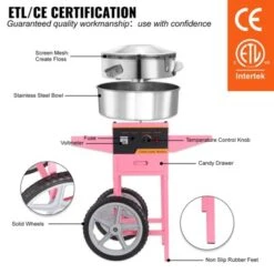 VEVOR Electric Cotton Candy Machine With Cart, 1000W Commercial Floss Maker With Stainless Steel Bowl, Sugar Scoop And Drawer, Pink -Vevor GUEST 8a597a92 65bd 4714 9372 ee4b6800a3b4