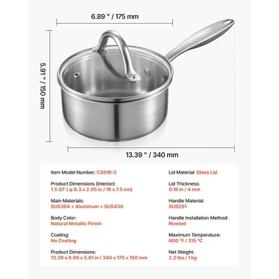 VEVOR 1.5 QT Saucepan, Stainless Steel Saucepan With Glass Lid, Multipurpose Nonstick Stainless Steel Small Cooking Sauce Pot, Silver 7 VEVOR 1.5 QT Saucepan, Stainless Steel Saucepan With Glass Lid, Multipurpose Nonstick Stainless Steel Small Cooking Sauce Pot, Silver - Image 7