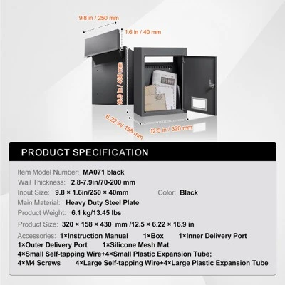VEVOR Through The Wall Drop Box, Heavy Duty Steel Through The Wall Mailbox With 2.8-7.9" 13" Combination Lock, 12.5x6.3x16.9" Mail Drop Box, Black 7 VEVOR Through The Wall Drop Box, Heavy Duty Steel Through The Wall Mailbox With 2.8-7.9" 13" Combination Lock, 12.5x6.3x16.9" Mail Drop Box, Black - Image 7