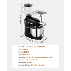 VEVOR 3-in-1 Multifunctional Stand Mixer, 6QT Stainless Steel Bowl, 660W 6+P Speeds Tilt-head Food Mixer, Black 14 VEVOR 3-in-1 Multifunctional Stand Mixer, 6QT Stainless Steel Bowl, 660W 6+P Speeds Tilt-head Food Mixer, Black -Vevor GUEST 908e4121 cf78 4994 85f1 99059b77f0c4