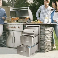 VEVOR 17W X 30H X 21D Inch Outdoor Kitchen Stainless Steel Double Access Drawers With Paper Towel Holder Combo For BBQ Island,Silver