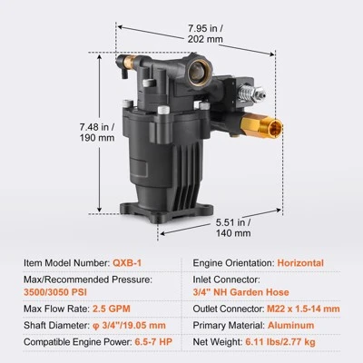 VEVOR Pressure Washer Pump, 3/4" Shaft Horizontal, 3500 PSI, 2.5GPM, Replacement Power Washer Pumps Kit With 5 Nozzles, Black 7 VEVOR Pressure Washer Pump, 3/4" Shaft Horizontal, 3500 PSI, 2.5GPM, Replacement Power Washer Pumps Kit With 5 Nozzles, Black - Image 7
