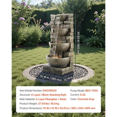 VEVOR Outdoor Water Fountain, 35.63 In Height Fountain And Waterfall, 4-Tier Floor Standing Cascading Fountains With Light And Pump, Gray 7 VEVOR Outdoor Water Fountain, 35.63 In Height Fountain And Waterfall, 4-Tier Floor Standing Cascading Fountains With Light And Pump, Gray - Image 7