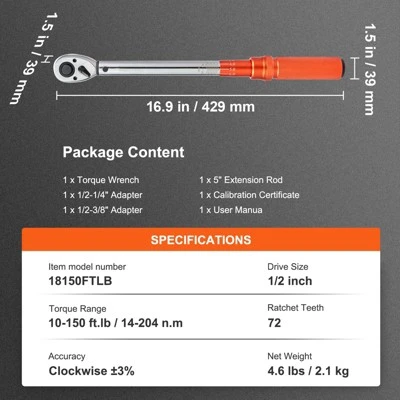 VEVOR Torque Wrench, 10-150ft.lb/14-204n.m 1/2-inch Drive Click Torque Wrench, Dual-Direction Adjustable Torque Wrench Set 7 VEVOR Torque Wrench, 10-150ft.lb/14-204n.m 1/2-inch Drive Click Torque Wrench, Dual-Direction Adjustable Torque Wrench Set - Image 7