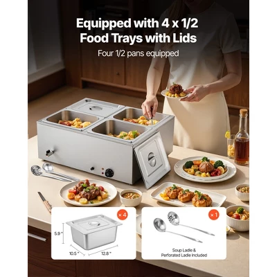 VEVOR Commercial Food Warmer, 1500W Electric Stainless Steel Steam Food Warmer With Lid, 4-Pan Fast Heating Countertop Buffet Bain Marie, Silver 3 VEVOR Commercial Food Warmer, 1500W Electric Stainless Steel Steam Food Warmer With Lid, 4-Pan Fast Heating Countertop Buffet Bain Marie, Silver - Image 3