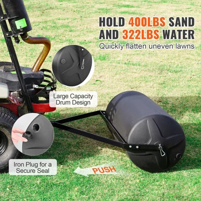 VEVOR Tow Behind Lawn Roller, 400lbs Sand/Water Filled Yard Roller, LLDPE Drum And Steel Frame Sod Roller With Easy-turn Plug, Black 2 VEVOR Tow Behind Lawn Roller, 400lbs Sand/Water Filled Yard Roller, LLDPE Drum And Steel Frame Sod Roller With Easy-turn Plug, Black - Image 2