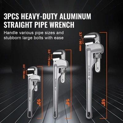 VEVOR 3-Piece Pipe Wrench Set, 10" 14" 18" Aluminum Straight Pipe Wrench, Adjustable Plumbing Wrench, With High Strength Jaw, Silver 2 VEVOR 3-Piece Pipe Wrench Set, 10" 14" 18" Aluminum Straight Pipe Wrench, Adjustable Plumbing Wrench, With High Strength Jaw, Silver - Image 2