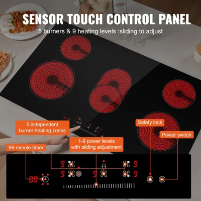 VEVOR Electric Cooktop, 36 Inch 5 Burners Built-in Electric Stove Top, 8600W Ceramic Top Radiant Cooktop With Glass Panel, Touch Control, Timer 3 VEVOR Electric Cooktop, 36 Inch 5 Burners Built-in Electric Stove Top, 8600W Ceramic Top Radiant Cooktop With Glass Panel, Touch Control, Timer - Image 3