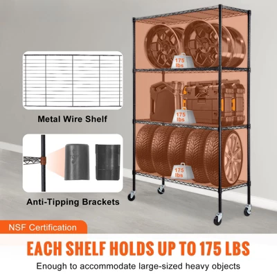 VEVOR Storage Shelving Unit With Wheels, 4-Tier Adjustable, 700 Lbs Capacity, Heavy Duty Garage Shelves Metal Organizer Wire Rack, Black 2 VEVOR Storage Shelving Unit With Wheels, 4-Tier Adjustable, 700 Lbs Capacity, Heavy Duty Garage Shelves Metal Organizer Wire Rack, Black - Image 2