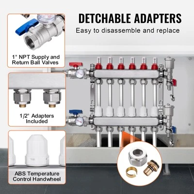 VEVOR 6-Branch Radiant Heat Manifold, 1/2" PEX Tubing Manifold, Stainless Steel PEX Manifold For Hydronic Radiant Floor Heating, Silver 3 VEVOR 6-Branch Radiant Heat Manifold, 1/2" PEX Tubing Manifold, Stainless Steel PEX Manifold For Hydronic Radiant Floor Heating, Silver - Image 3