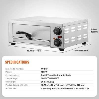 VEVOR Electric Pizza Oven For Countertops, 12-inch, 1500W, With Temp Control & 0-120 Min Timer, Even Baking Technology & Easy Clean Crumb Tray 7 VEVOR Electric Pizza Oven For Countertops, 12-inch, 1500W, With Temp Control & 0-120 Min Timer, Even Baking Technology & Easy Clean Crumb Tray - Image 7