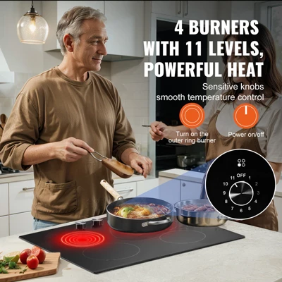 VEVOR Electric Cooktop, 24 Inch 4 Burners Built-in Electric Stove Top, 6000W Ceramic Top Radiant Cooktop, With Glass Panel, Knob Control 3 VEVOR Electric Cooktop, 24 Inch 4 Burners Built-in Electric Stove Top, 6000W Ceramic Top Radiant Cooktop, With Glass Panel, Knob Control - Image 3