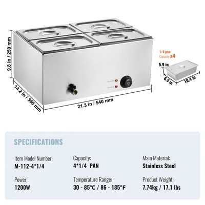 VEVOR 4-Pan Commercial Food Warmer, 15.9QT Electric Steam Table, 1200W Professional Countertop Stainless Steel Buffet Bain Marie 7 VEVOR 4-Pan Commercial Food Warmer, 15.9QT Electric Steam Table, 1200W Professional Countertop Stainless Steel Buffet Bain Marie - Image 7