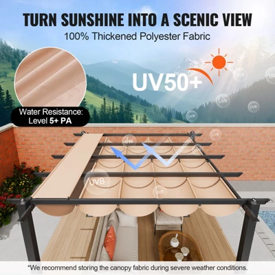 VEVOR 10'x10' Outdoor Retractable Pergola With Canopy, Aluminum Pergola With Retractable Canopy, Modern Pergola With Sun Shade Canopy, Beige 3 VEVOR 10'x10' Outdoor Retractable Pergola With Canopy, Aluminum Pergola With Retractable Canopy, Modern Pergola With Sun Shade Canopy, Beige - Image 3