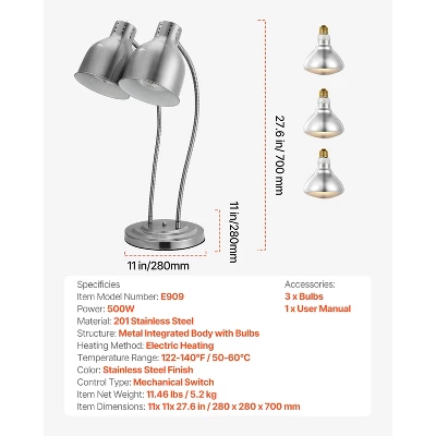VEVOR Food Heat Lamp, 500W Electric Commercial Food Warmer Light, 2-Head Stainless Steel French Fry Heating Lamp With 3 Bulbs, Silver 7 VEVOR Food Heat Lamp, 500W Electric Commercial Food Warmer Light, 2-Head Stainless Steel French Fry Heating Lamp With 3 Bulbs, Silver - Image 7
