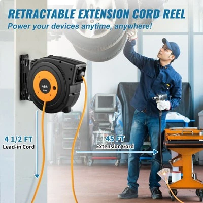 VEVOR Retractable Extension Reel, Heavy Duty 12AWG/3C SJTOW Power Cord 45 FT 12AWG, Black 1 VEVOR Retractable Extension Reel, Heavy Duty 12AWG/3C SJTOW Power Cord 45 FT 12AWG, Black
