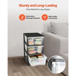 VEVOR Plastic Storage Drawers Cart, 3 Drawers Storage Organizer With Wheels, Rolling Closet Organization And Storage Dividers, Transparent&Black -Vevor GUEST a2483dd2 b9aa 4be4 85d3 156e43a4929e