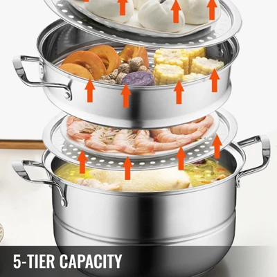VEVOR Steamer Pot 11.8in/30cm, 5 Tier Steamer Pot For Cooking With 10QT Stock Pot, 3 Vegetable Steamers & 2 Steaming Trays, Silver 2 VEVOR Steamer Pot 11.8in/30cm, 5 Tier Steamer Pot For Cooking With 10QT Stock Pot, 3 Vegetable Steamers & 2 Steaming Trays, Silver - Image 2