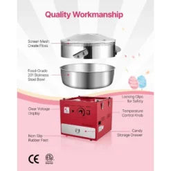 VEVOR Electric Cotton Candy Machine, 1000W Commercial Candy Floss Maker With 20.5 In Stainless Steel Bowl, Sugar Scoop, And Drawer, Red -Vevor GUEST a2954c87 dcda 43e2 b752 e14c4e835efe