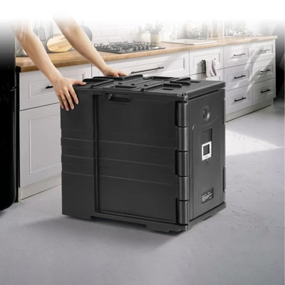 VEVOR Insulated Food Pan Carrier, 82 Qt Hot Box For Catering, LLDPE Food Box Carrier With Double Buckles, Front Loading Food Warmer, Black 1 VEVOR Insulated Food Pan Carrier, 82 Qt Hot Box For Catering, LLDPE Food Box Carrier With Double Buckles, Front Loading Food Warmer, Black
