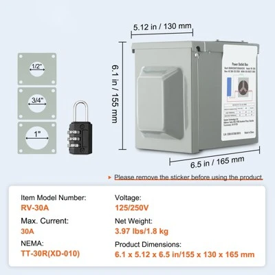 VEVOR 30 Amp RV Power Outlet Box, 125/250 Volt, Enclosed Lockable Outdoor RV Receptacle Box, NEMA TT-30R Weatherproof Electrical Panel, Gray 7 VEVOR 30 Amp RV Power Outlet Box, 125/250 Volt, Enclosed Lockable Outdoor RV Receptacle Box, NEMA TT-30R Weatherproof Electrical Panel, Gray - Image 7
