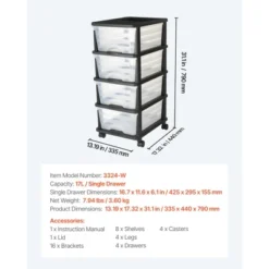 VEVOR Plastic Storage Drawers Cart, 4 Drawers Storage Organizer With Wheels, Rolling Closet Organization And Storage Dividers, Transparent&Black -Vevor GUEST a55b64bc 9617 42e7 b361 ff32ea370f89